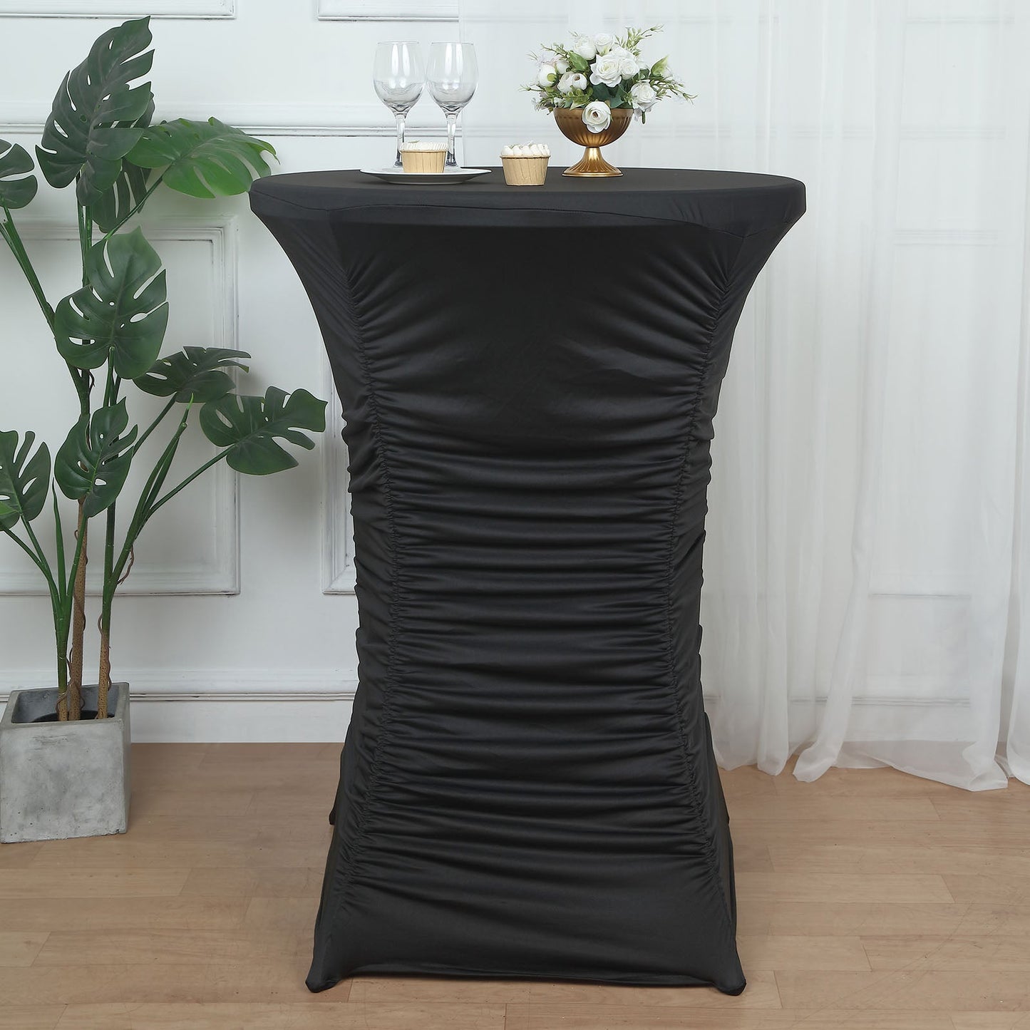 Heavy Duty Spandex 30" Fitted Round Cocktail Table Cover Black Ruched Pleated - Durable Stretch Design