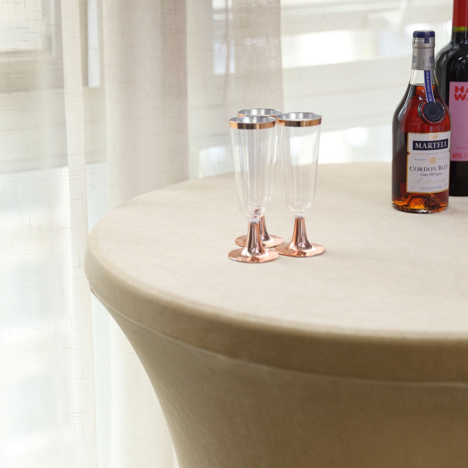 Premium Spandex Fit Champagne Smooth Velvet Cocktail Tablecloth with Foot Pockets