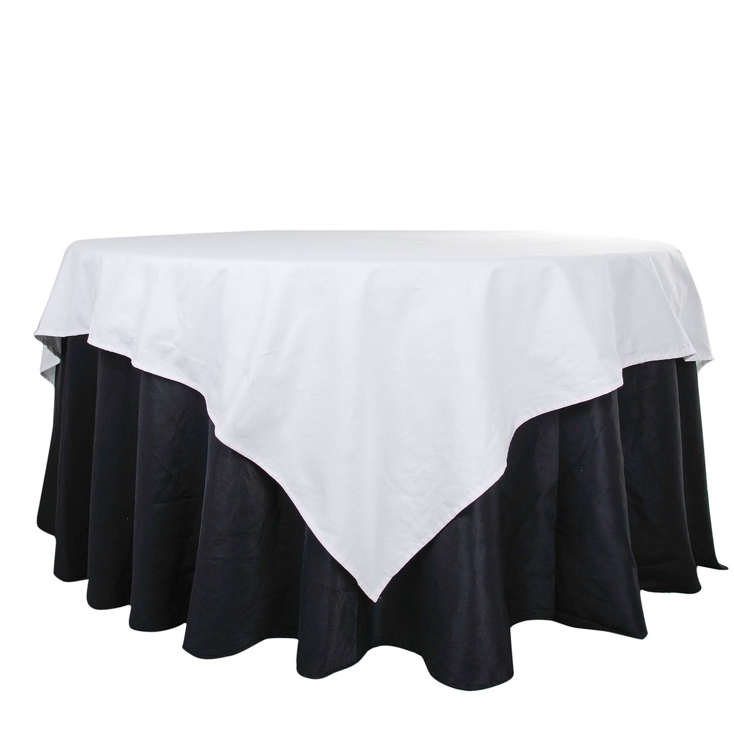 90" White Square Cotton Table Overlay Tablecloth on a black table.
