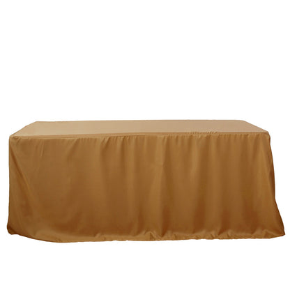 Gold rectangle tablecloth for 8ft tables, fitted and elegant.