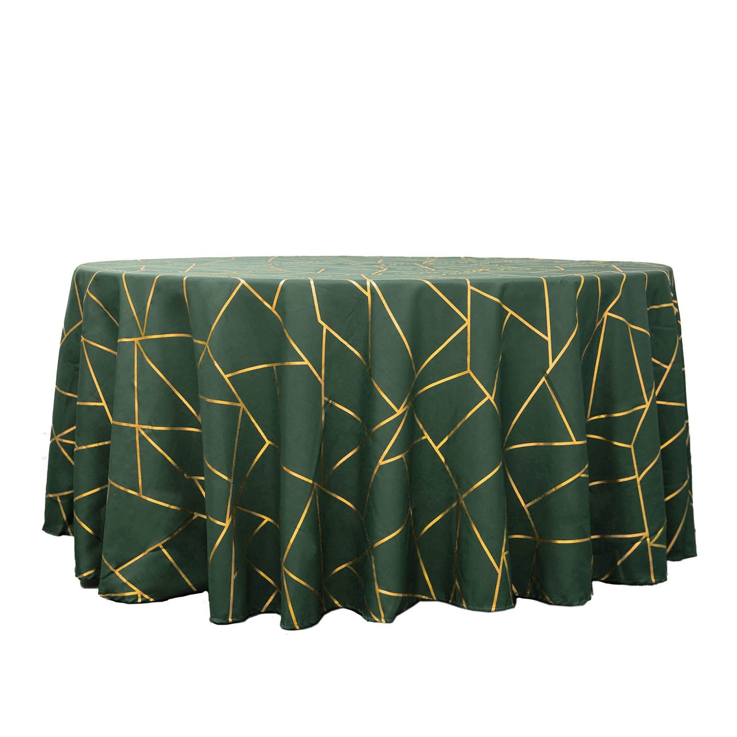 Hunter Emerald Green Polyester 120 Inch Round Tablecloth With Gold Geometric Pattern