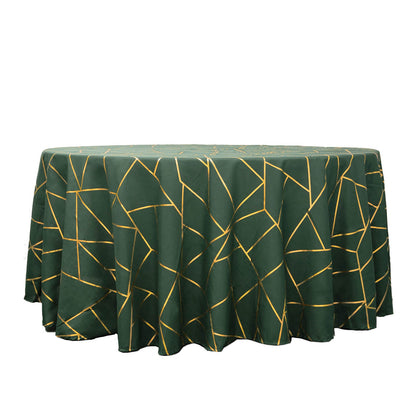 Hunter Emerald Green Polyester 120 Inch Round Tablecloth With Gold Geometric Pattern