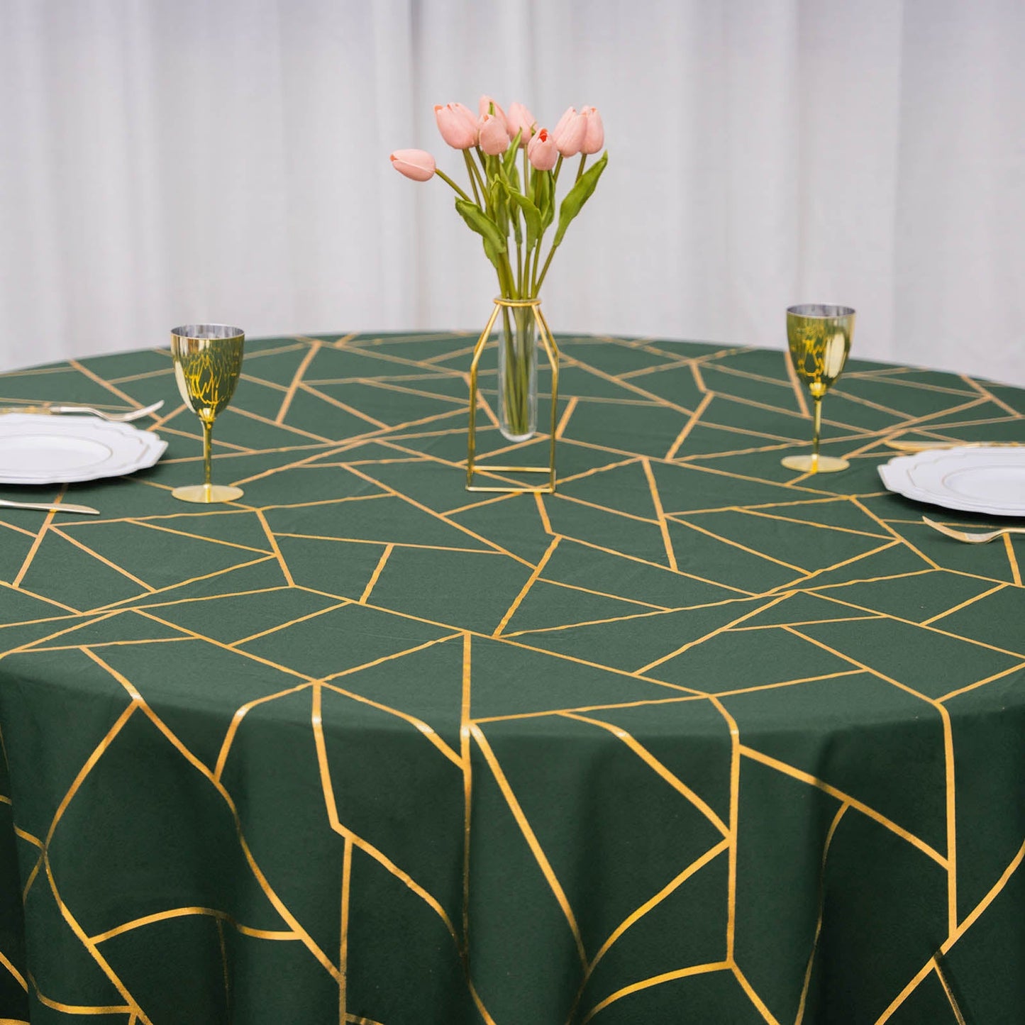 Round Tablecloth 120 Inch In Hunter Emerald Green With Gold Polyester Geometric Pattern