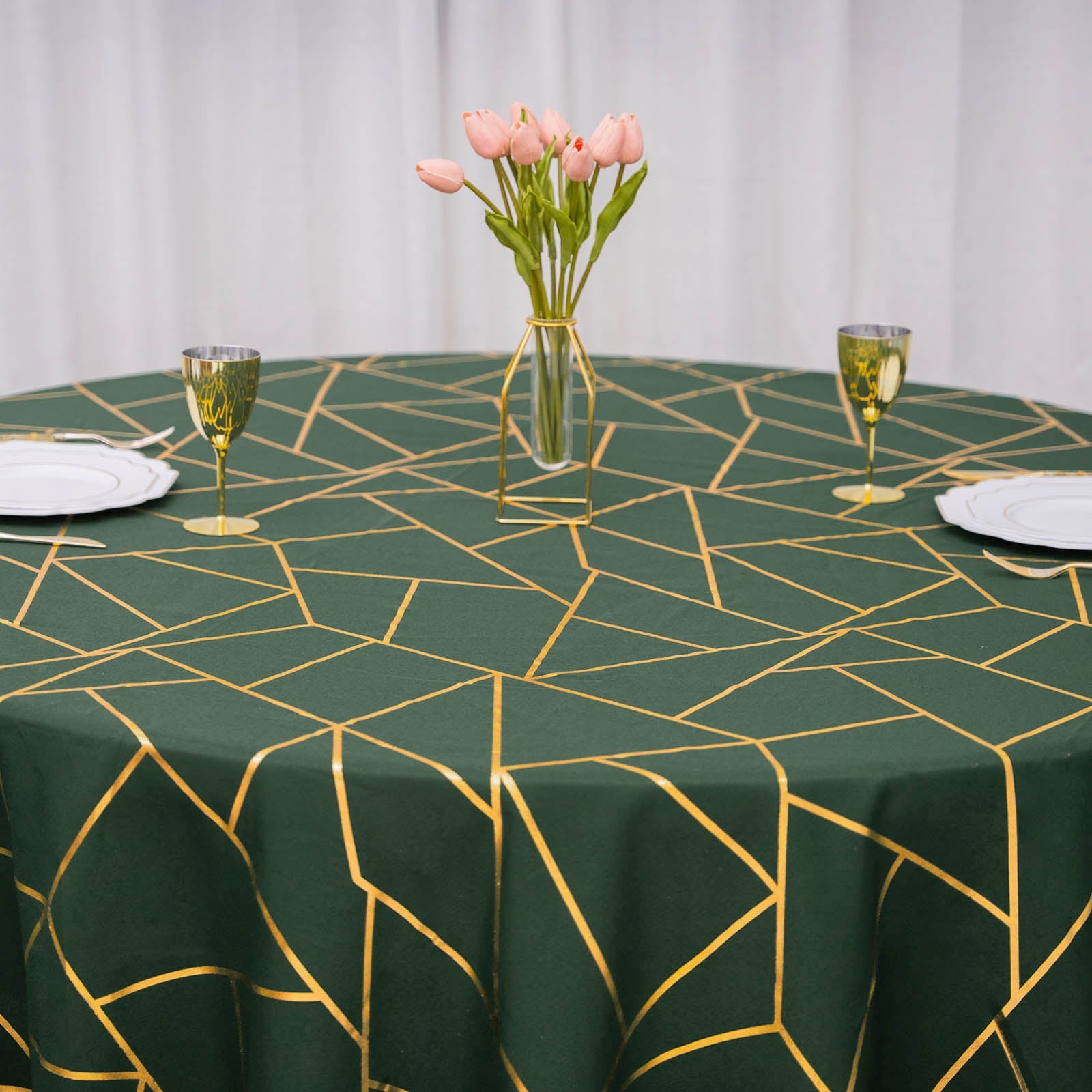 Round Tablecloth 120 Inch In Hunter Emerald Green With Gold Polyester Geometric Pattern