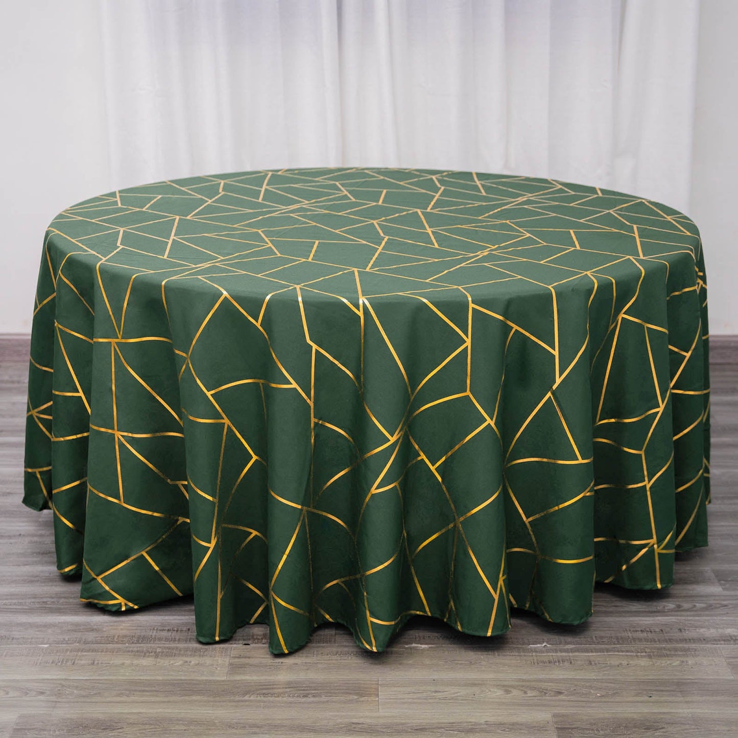 120" Hunter Emerald Green Seamless Round Polyester Tablecloth With Gold Foil Geometric Pattern