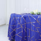 Royal blue round tablecloth with gold foil geometric pattern.