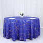 Royal blue round tablecloth with gold foil geometric pattern.