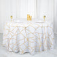 120" white tablecloth with gold foil geometric pattern on a round table.