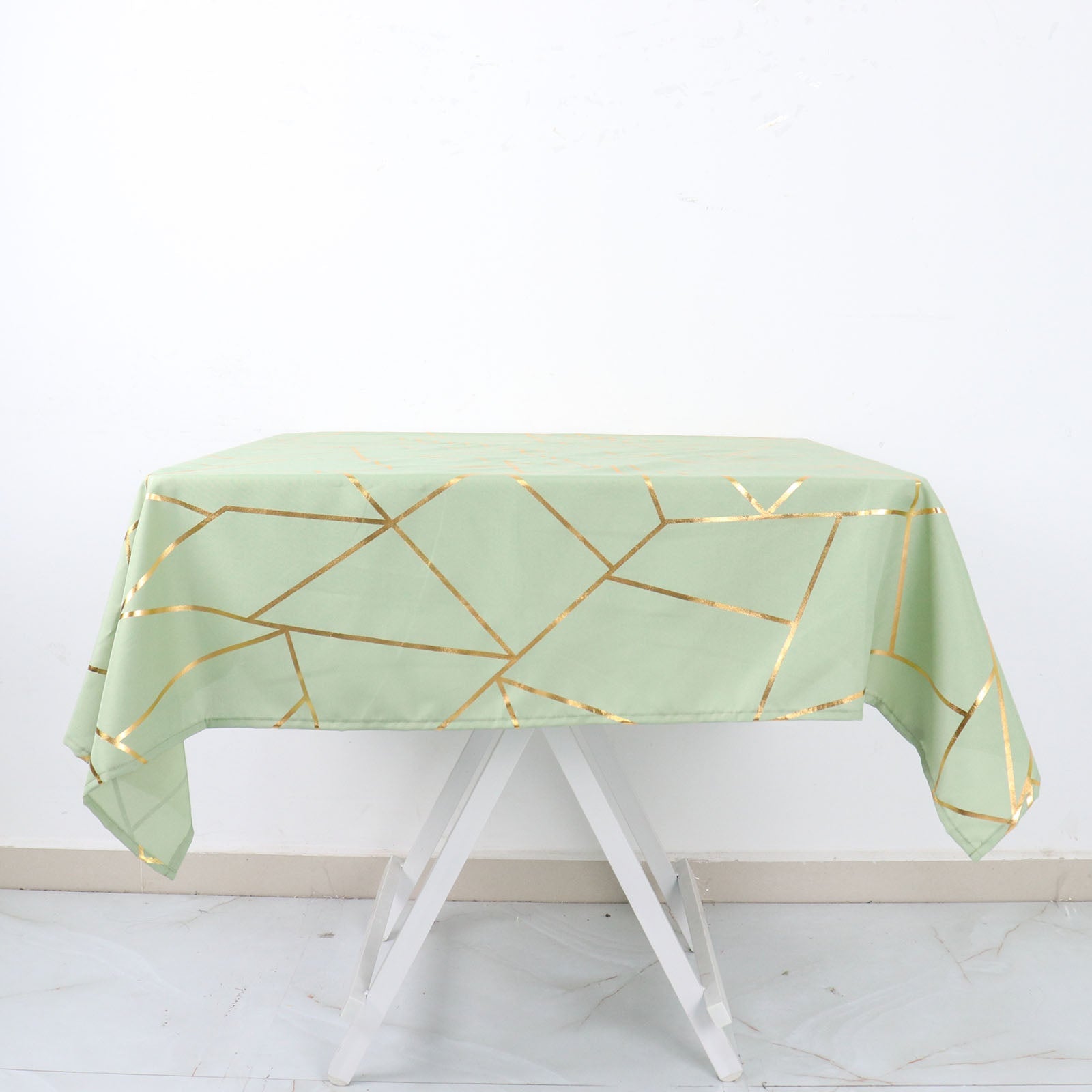 Sage Green Tablecloth Gold Foil Geometric Square Design Polyester 54X54 Inch Size