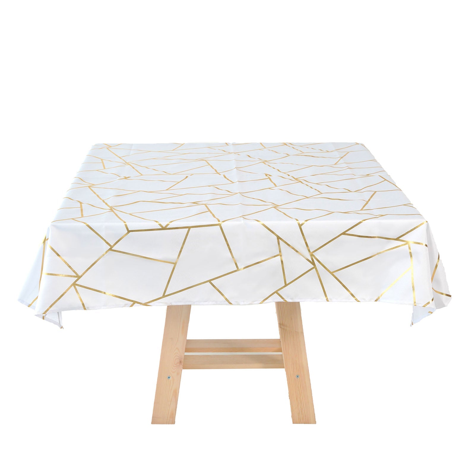 Gold Geometric Print Square Tablecloth 54 Inch x 54 Inch In White Polyester