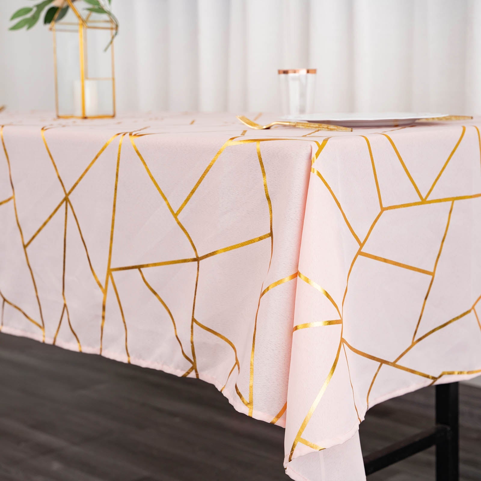 60 Inch x 102 Inch Blush Rose Gold Polyester Tablecloth With Gold Foil Design