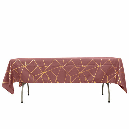 60x102inch Cinnamon Rose Polyester Rectangle Tablecloth With Gold Foil Geometric Pattern