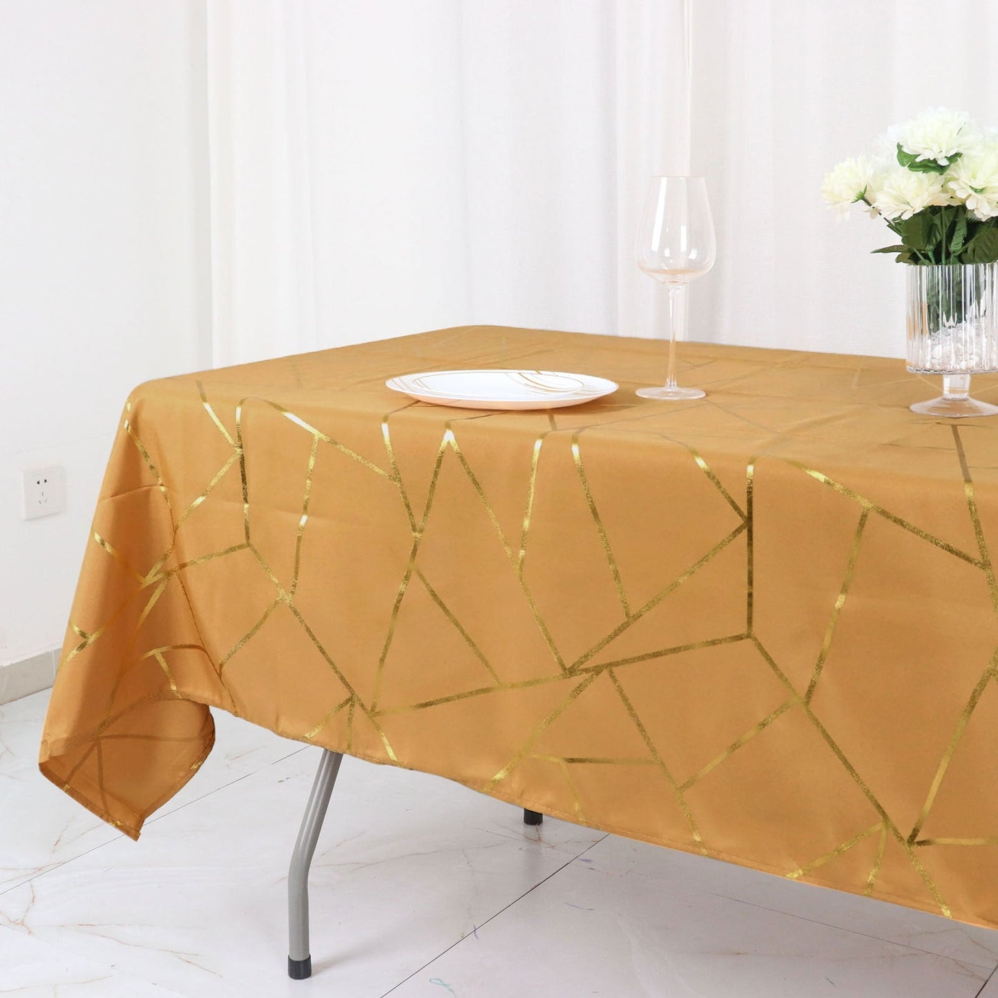 60 Inch x 102 Inch Polyester Rectangle Tablecloth in Gold with Gold Foil Geometric Design