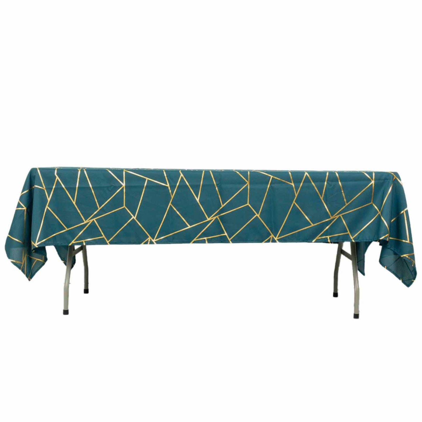 60x102inch Peacock Teal Rectangle Polyester Tablecloth With Gold Foil Geometric Pattern