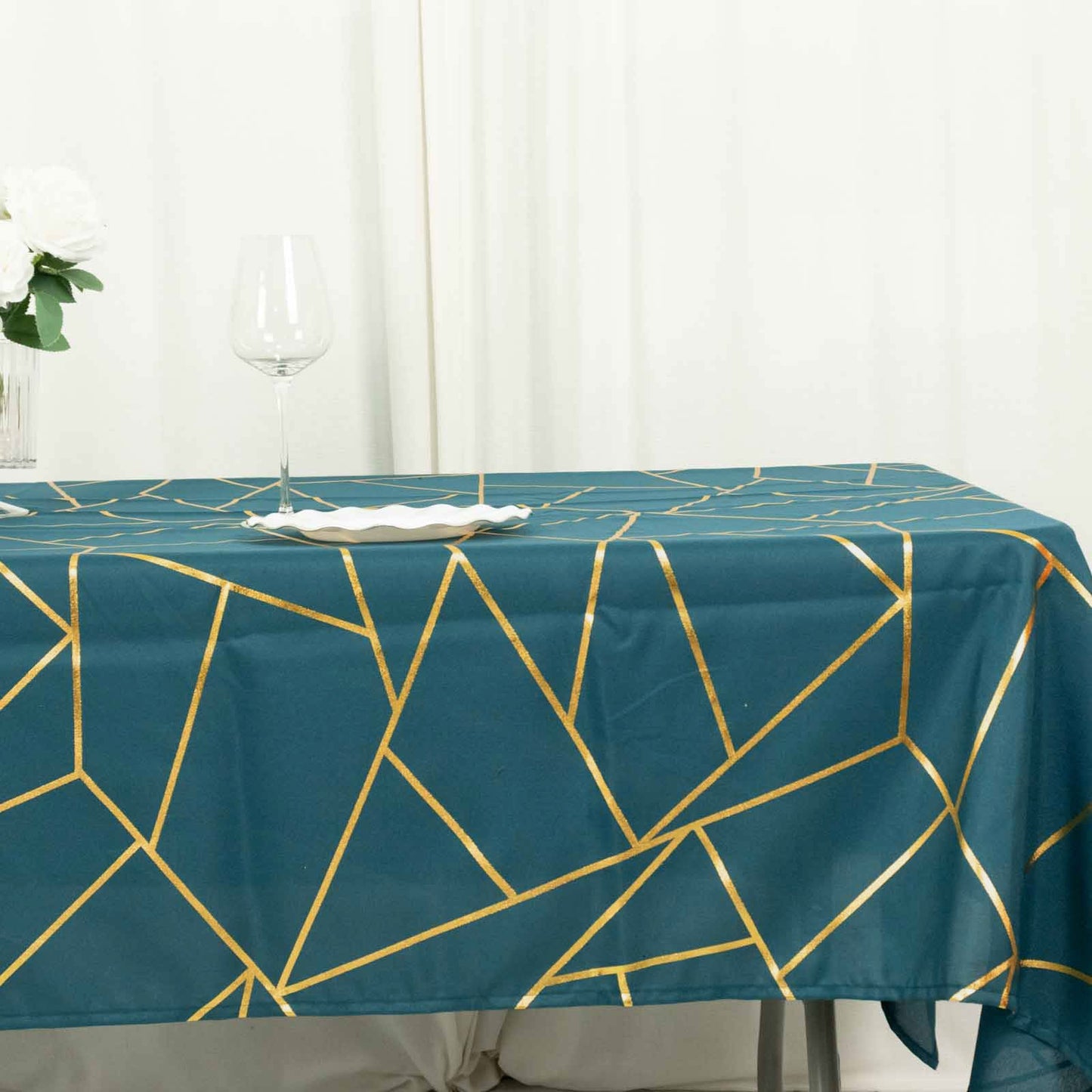 60x102inch Peacock Teal Rectangle Polyester Tablecloth With Gold Foil Geometric Pattern