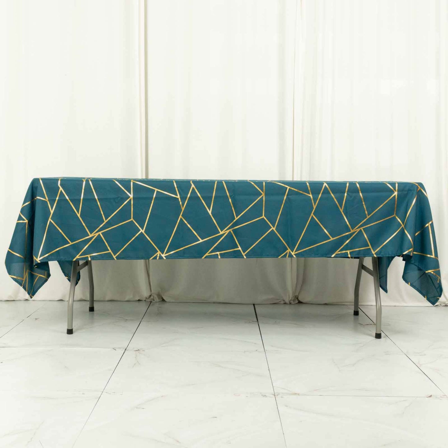 60x102inch Peacock Teal Rectangle Polyester Tablecloth With Gold Foil Geometric Pattern
