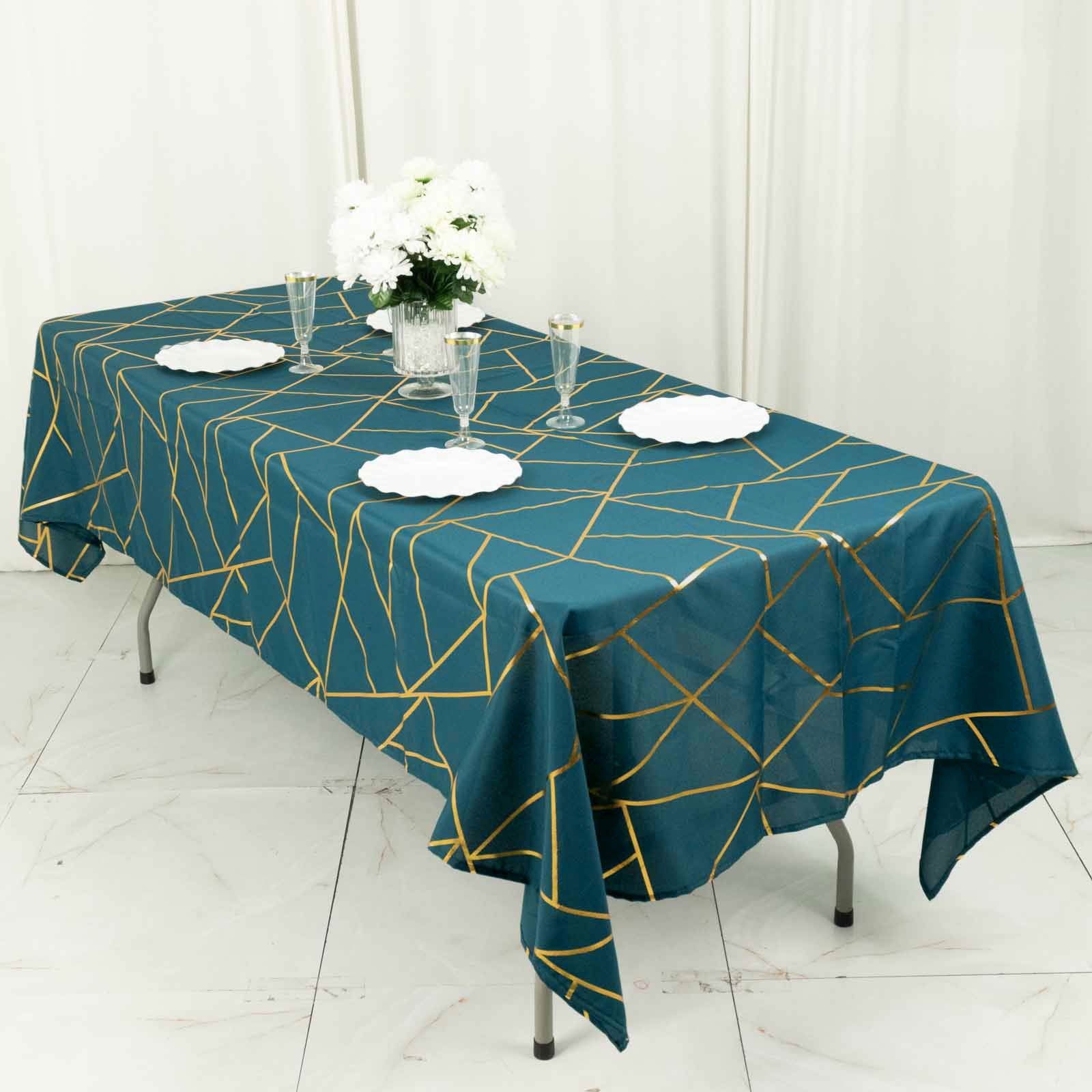 60x102inch Peacock Teal Rectangle Polyester Tablecloth With Gold Foil Geometric Pattern