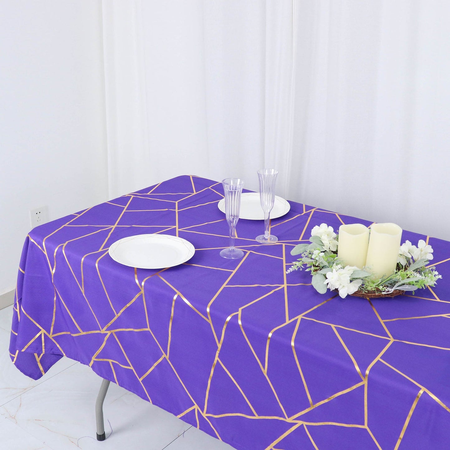 60 Inch x 102 Inch Polyester Rectangle Tablecloth in Purple with Gold Foil Geometric Design