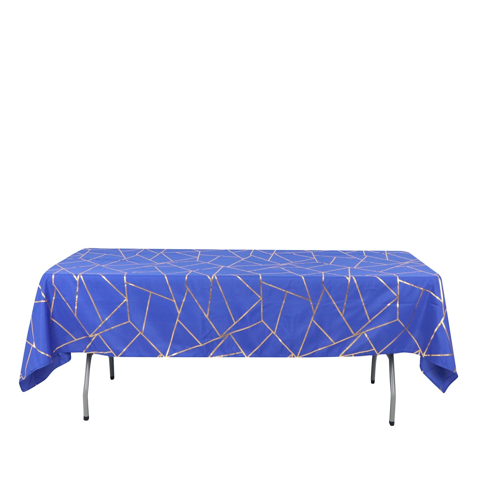 60 Inch x 102 Inch Gold Foil Geometric Pattern on Royal Blue Rectangle Polyester Tablecloth