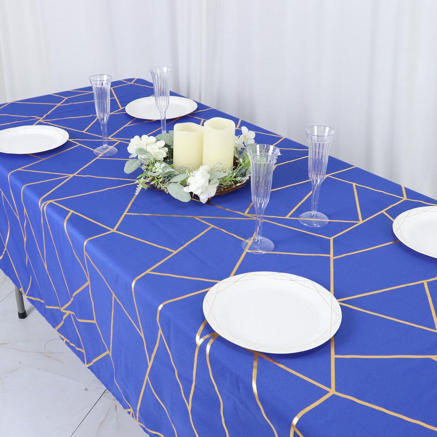 60 Inch x 102 Inch Polyester Rectangle Tablecloth in Royal Blue with Gold Foil Geometric Design