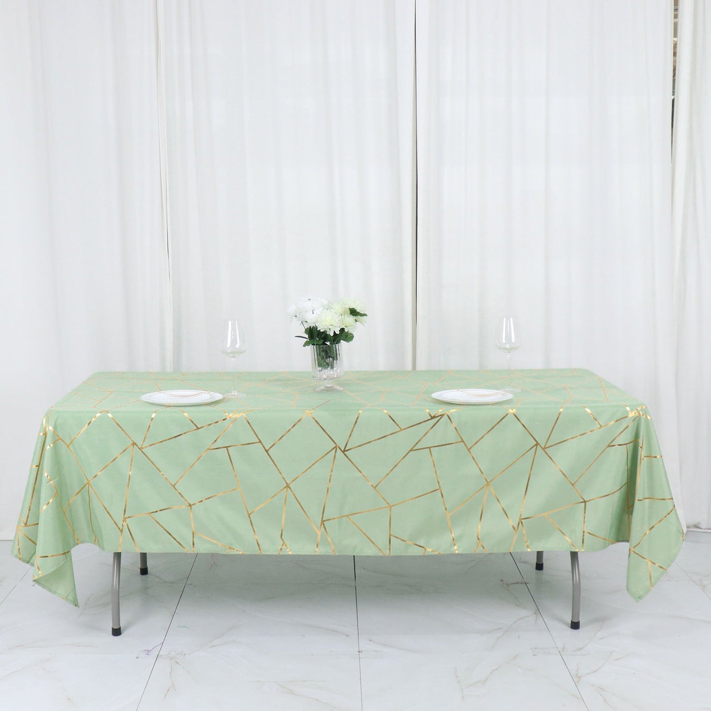 60"x102" Sage Green Rectangle Polyester Tablecloth With Gold Foil Geometric Pattern
