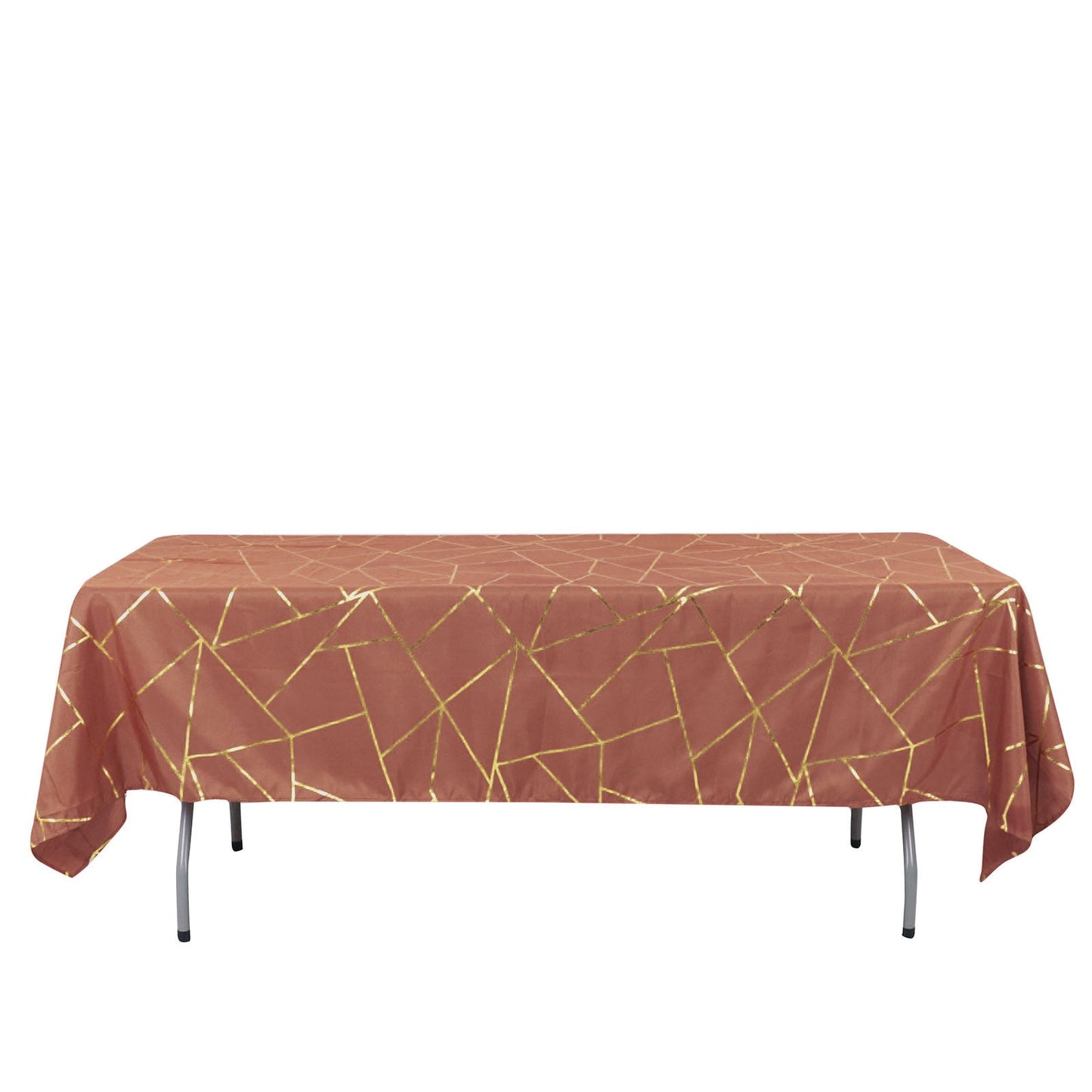 60 Inch x 102 Inch Rectangle Terracotta Polyester Tablecloth with Gold Foil Geometric Design