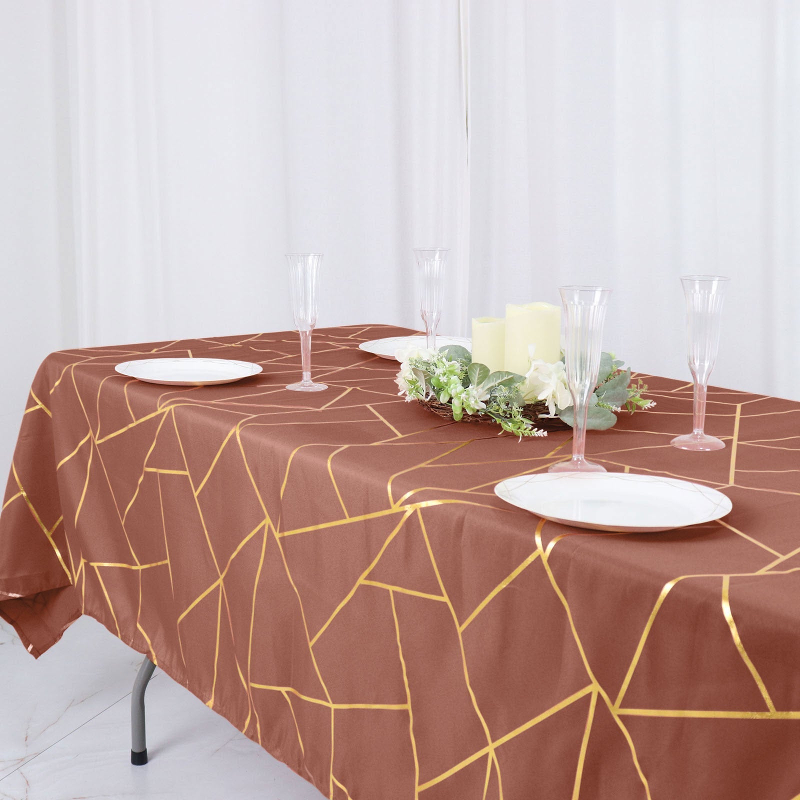 60 Inch x 102 Inch Rectangle Terracotta Polyester Tablecloth with Gold Foil Geometric Design