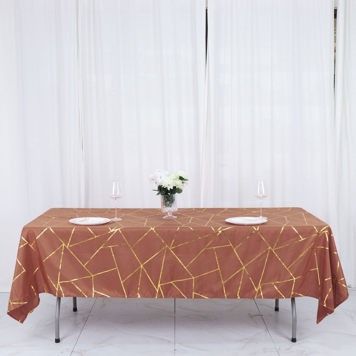 60"x102" Terracotta (Rust) Rectangle Polyester Tablecloth With Gold Foil Geometric Pattern