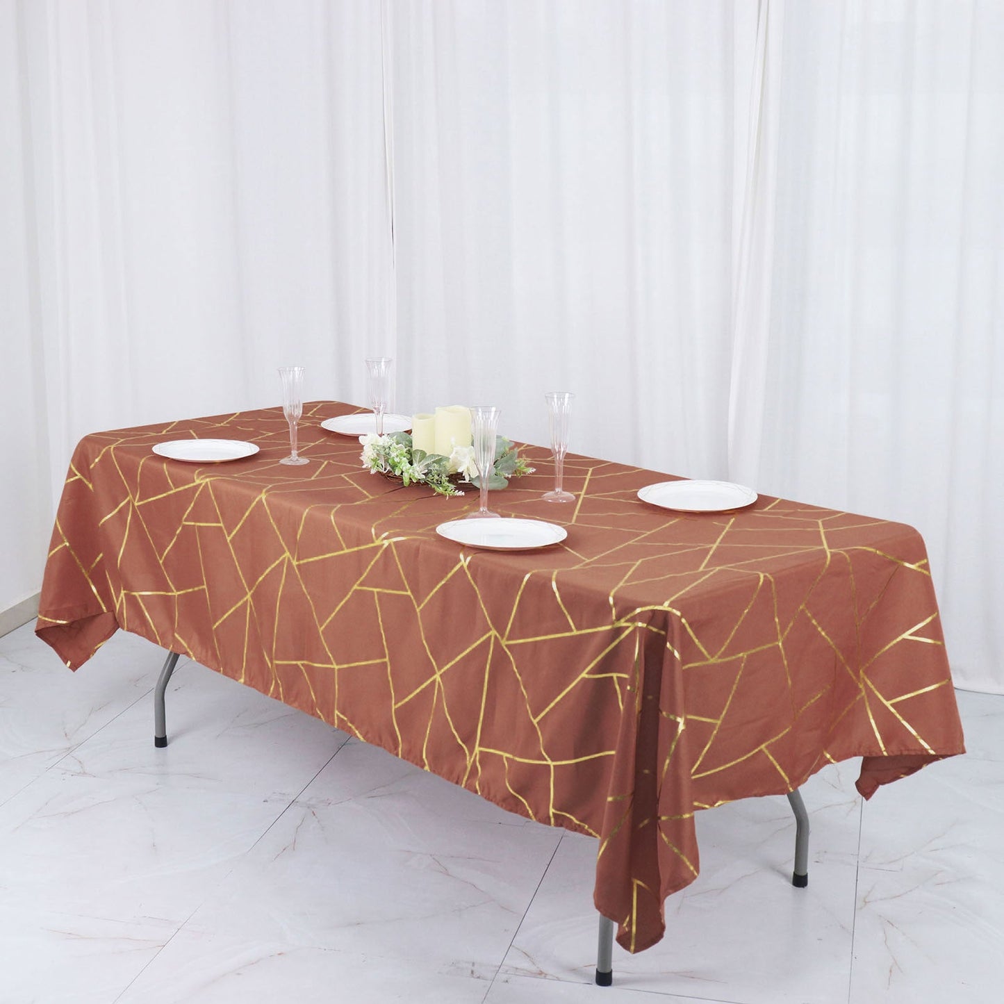 60 Inch x 102 Inch Rectangle Terracotta Polyester Tablecloth with Gold Foil Geometric Design