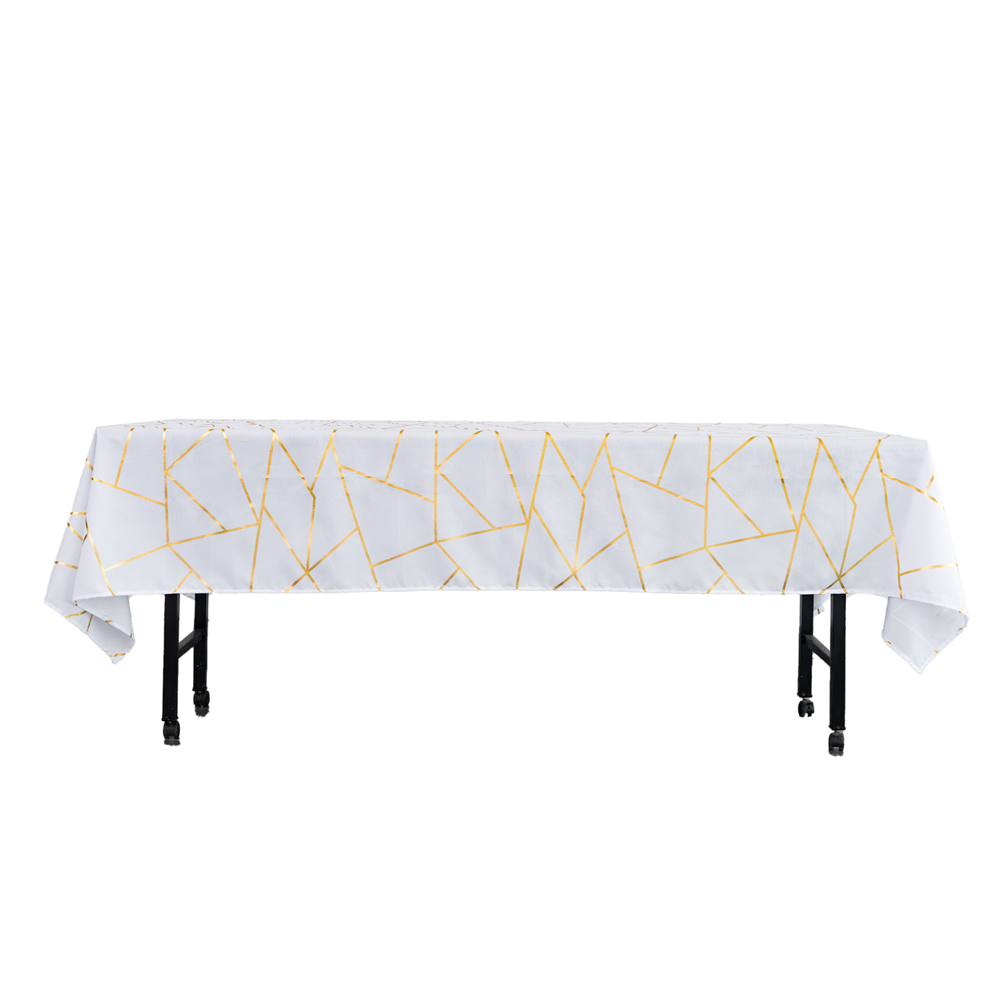 Polyester Tablecloth With Gold Geometric Pattern 60 Inch x 102 Inch White