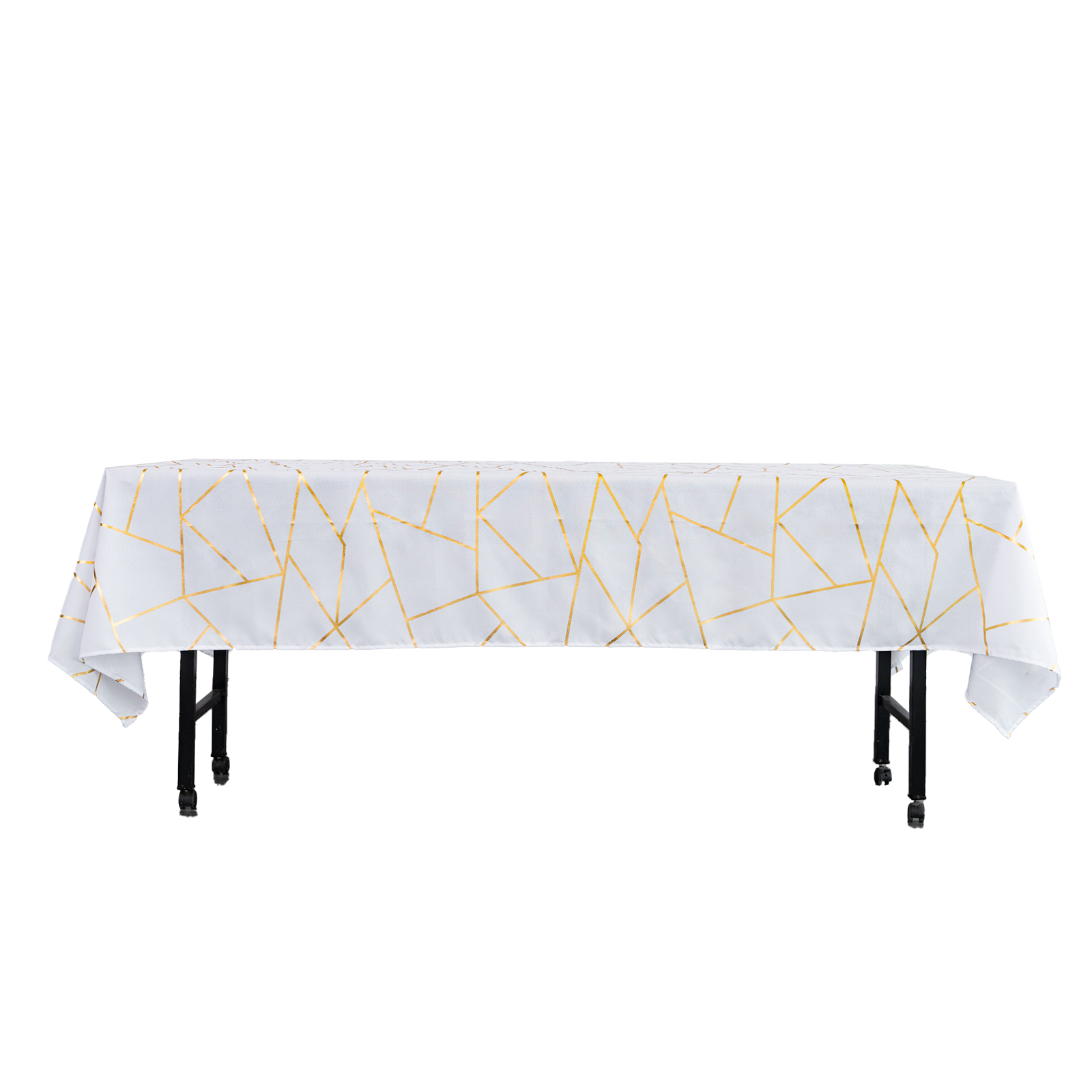 Polyester Tablecloth With Gold Geometric Pattern 60 Inch x 102 Inch White