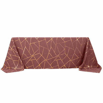 90x132inch Cinnamon Rose Rectangle Polyester Tablecloth With Gold Foil Geometric Pattern