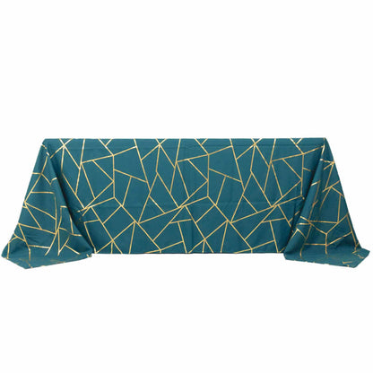 90x132inch Peacock Teal Rectangle Polyester Tablecloth With Gold Foil Geometric Pattern