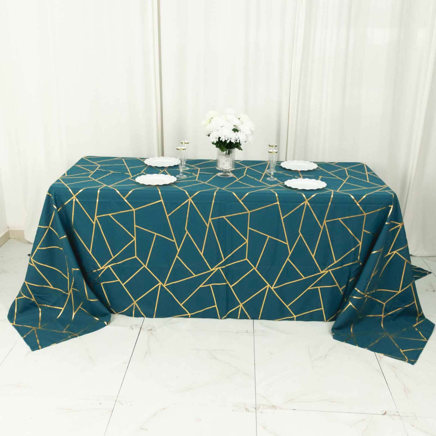 90"x132" Peacock Teal Seamless Rectangle Polyester Tablecloth With Gold Foil Geometric Pattern