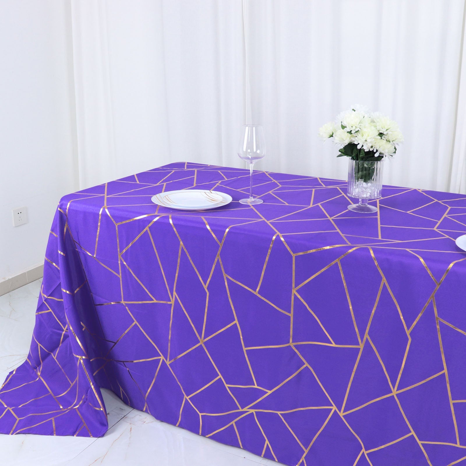 90 Inch x 132 Inch Polyester Rectangle Tablecloth in Purple with Gold Foil Geometric Design