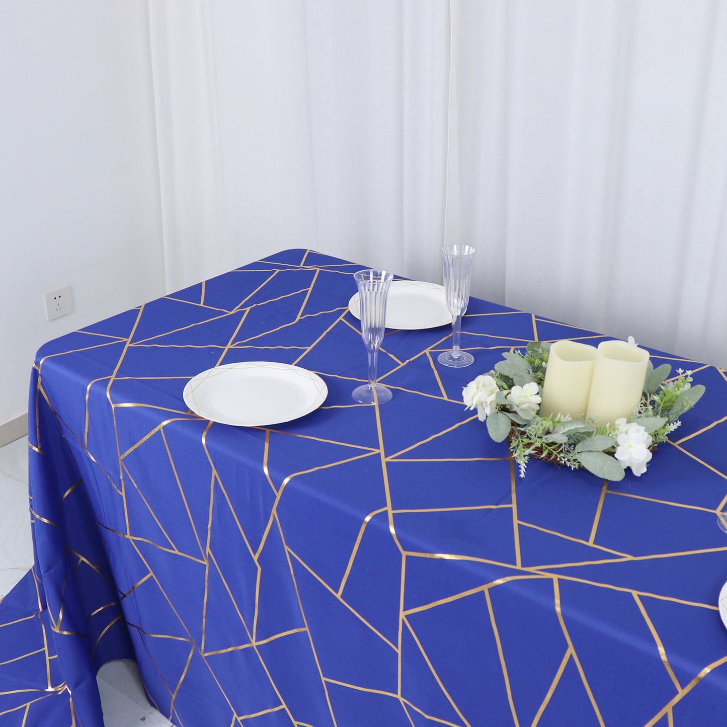 90 Inch x 132 Inch Polyester Rectangle Tablecloth in Royal Blue with Gold Foil Geometric Design