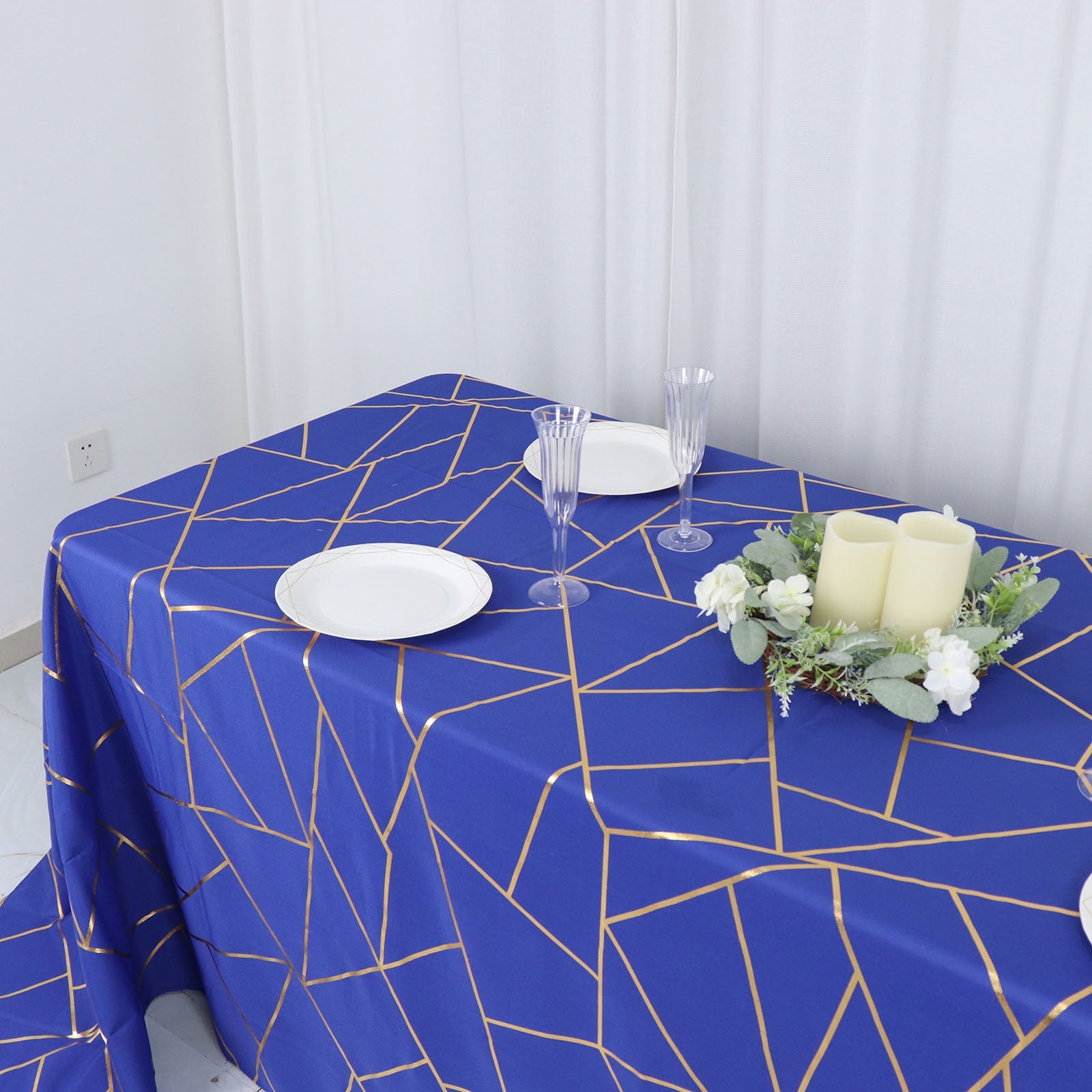 90 Inch x 132 Inch Polyester Rectangle Tablecloth in Royal Blue with Gold Foil Geometric Design