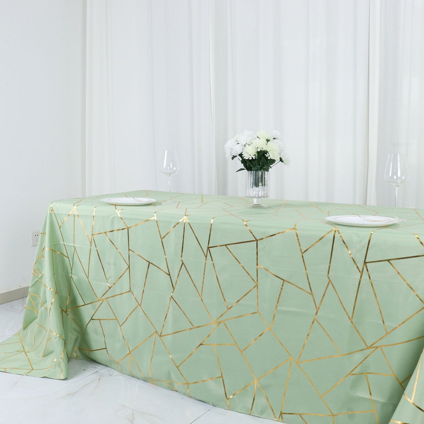 90 Inch x 132 Inch Polyester Rectangle Tablecloth in Sage Green with Gold Foil Geometric Design