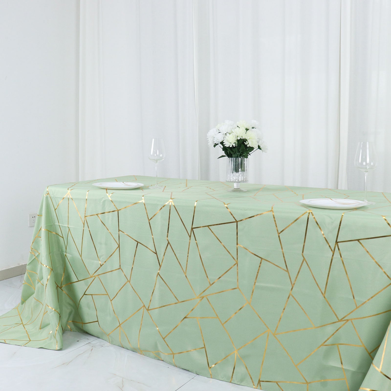 90 Inch x 132 Inch Polyester Rectangle Tablecloth in Sage Green with Gold Foil Geometric Design