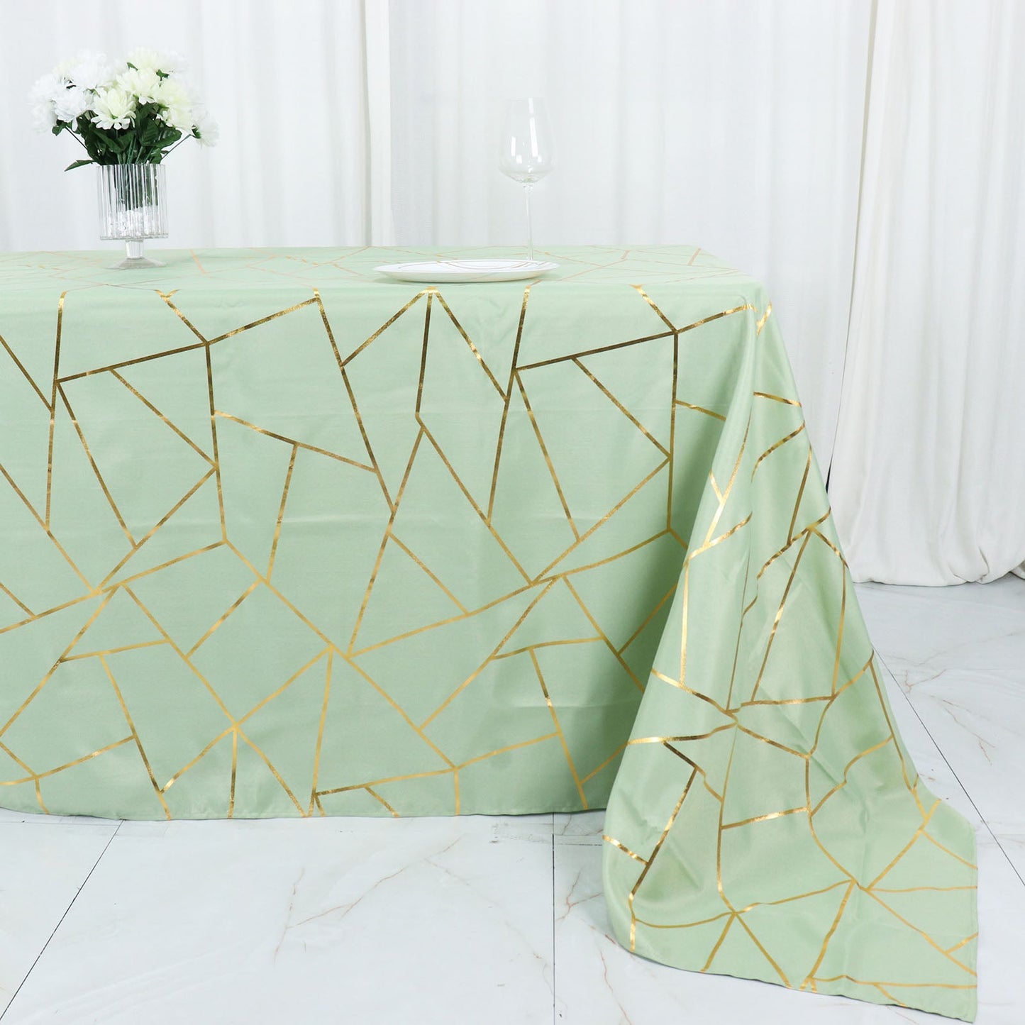 90"x132" Sage Green Seamless Rectangle Polyester Tablecloth With Gold Foil Geometric Pattern