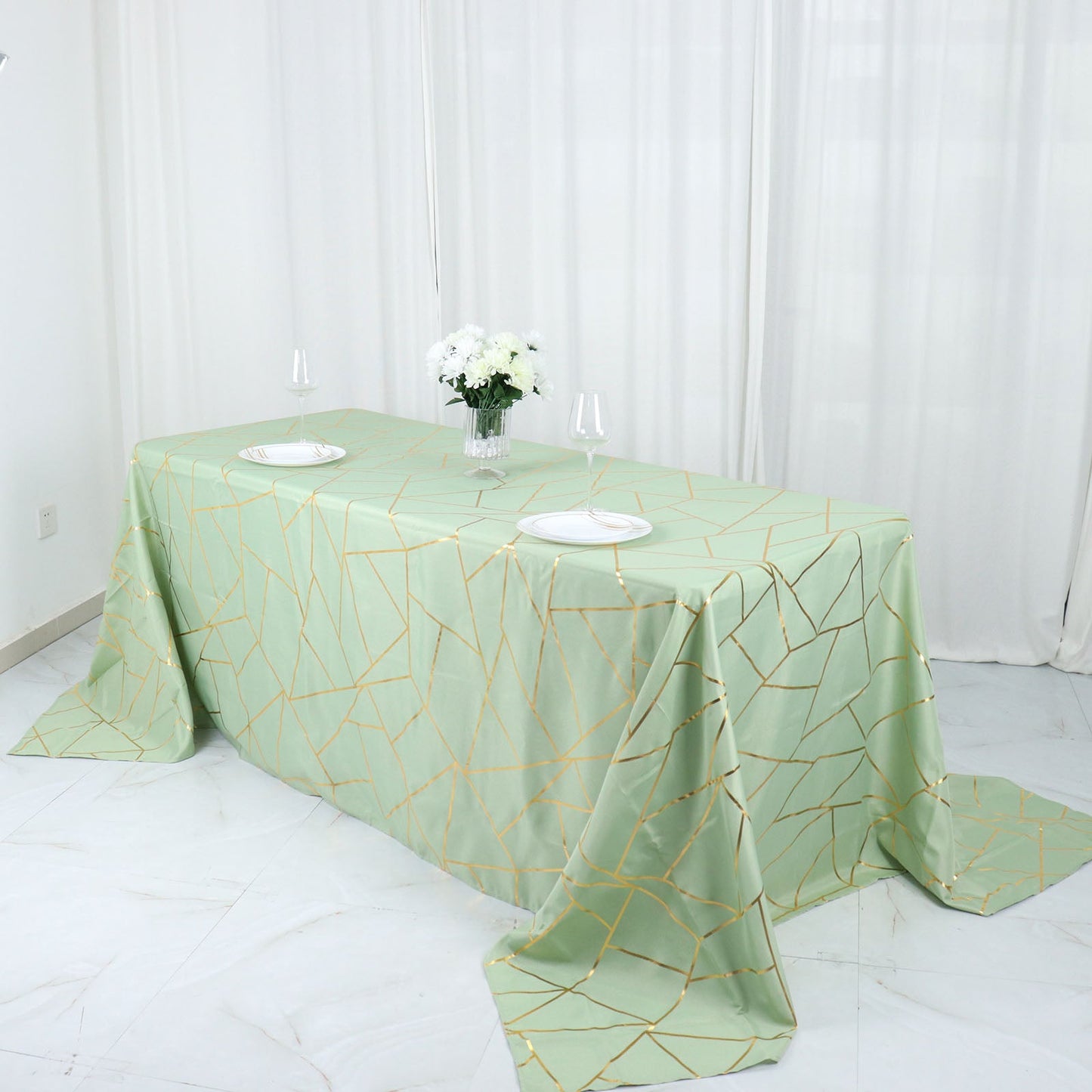 Gold Foil Geometric Pattern on 90 Inch x 132 Inch Sage Green Rectangle Polyester Tablecloth