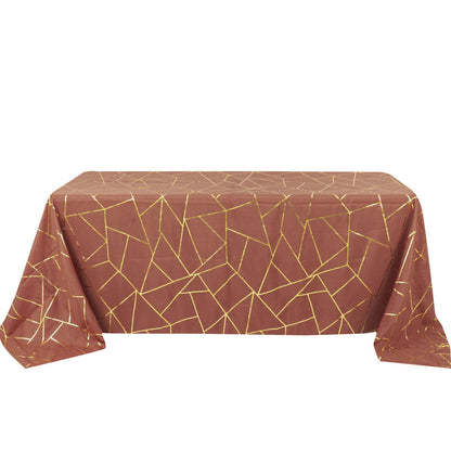 90 Inch x 132 Inch Terracotta Rectangle Polyester Tablecloth with Gold Foil Geometric Pattern