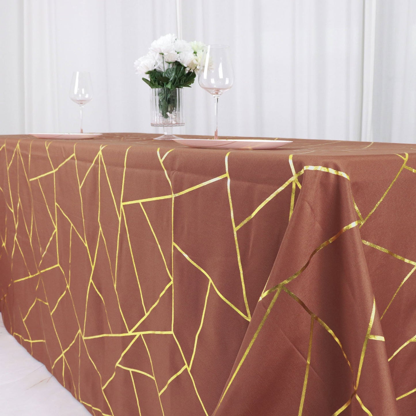 90 Inch x 132 Inch Terracotta Rectangle Polyester Tablecloth with Gold Foil Geometric Pattern