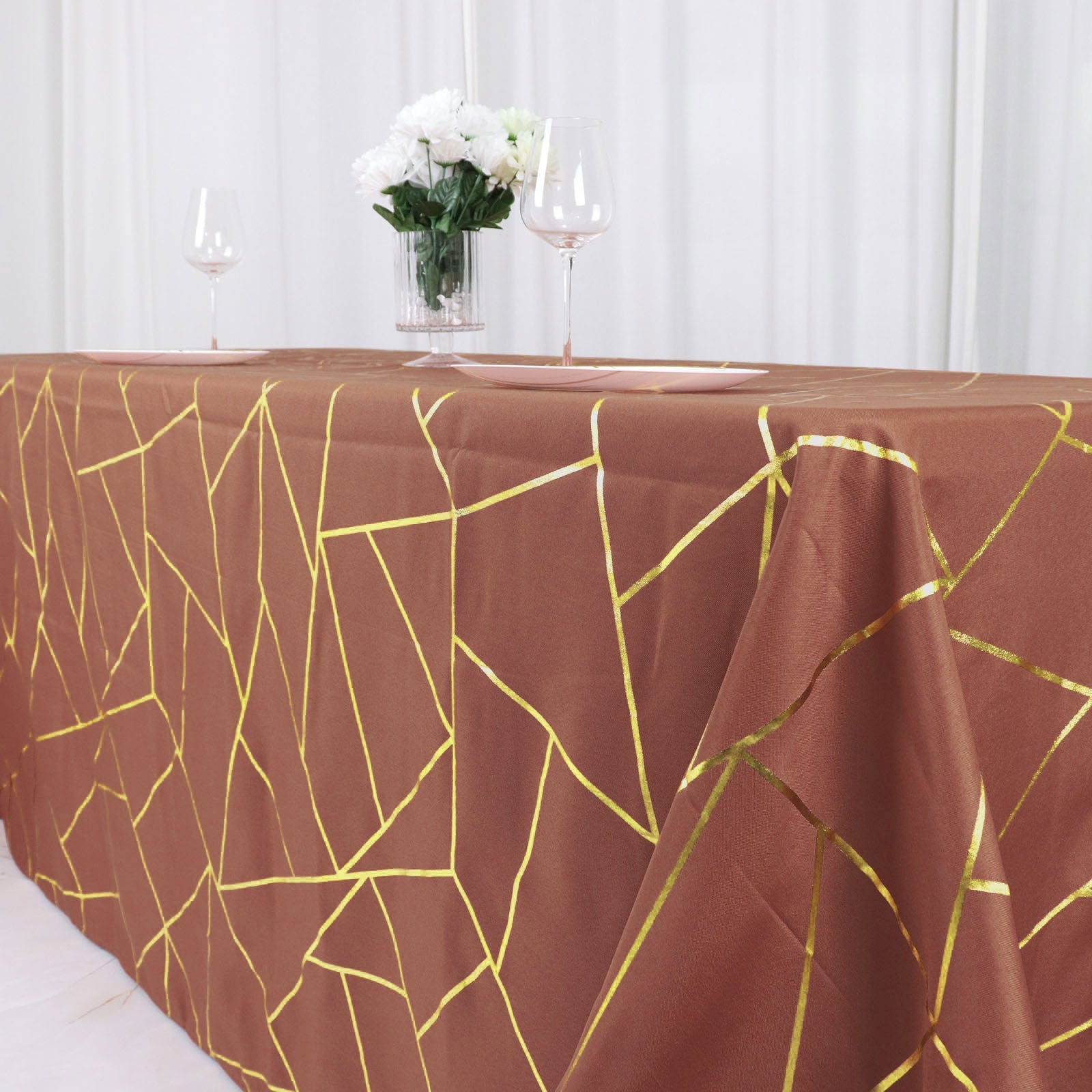 90 Inch x 132 Inch Terracotta Rectangle Polyester Tablecloth with Gold Foil Geometric Pattern