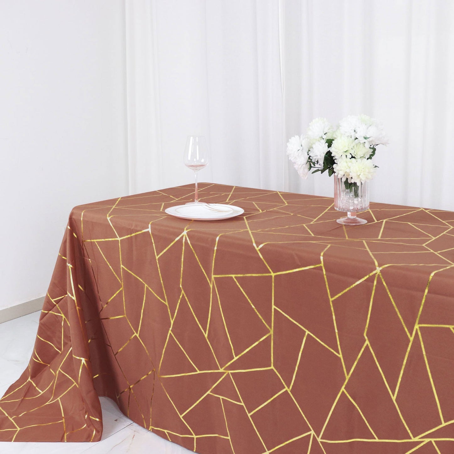 90 Inch x 132 Inch Terracotta Rectangle Polyester Tablecloth with Gold Foil Geometric Pattern