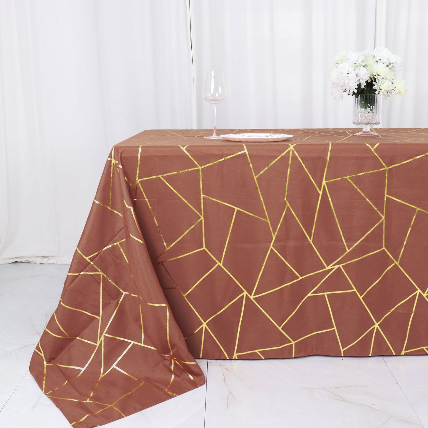 90"x132" Terracotta (Rust) Seamless Rectangle Polyester Tablecloth With Gold Foil Geometric Pattern