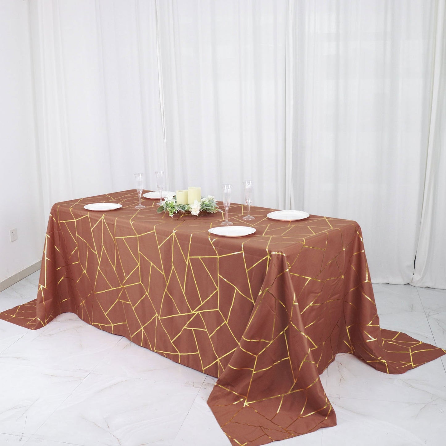 90 Inch x 132 Inch Terracotta Rectangle Polyester Tablecloth with Gold Foil Geometric Pattern