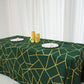 90 Inch x 156 Inch Polyester Tablecloth In Hunter Emerald Green With Gold Geometric Print