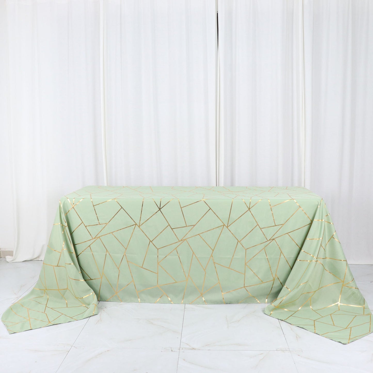 Rectangle Sage Green Polyester Tablecloth In Gold Foil Geometric Design 90 Inch X 156 Inch 