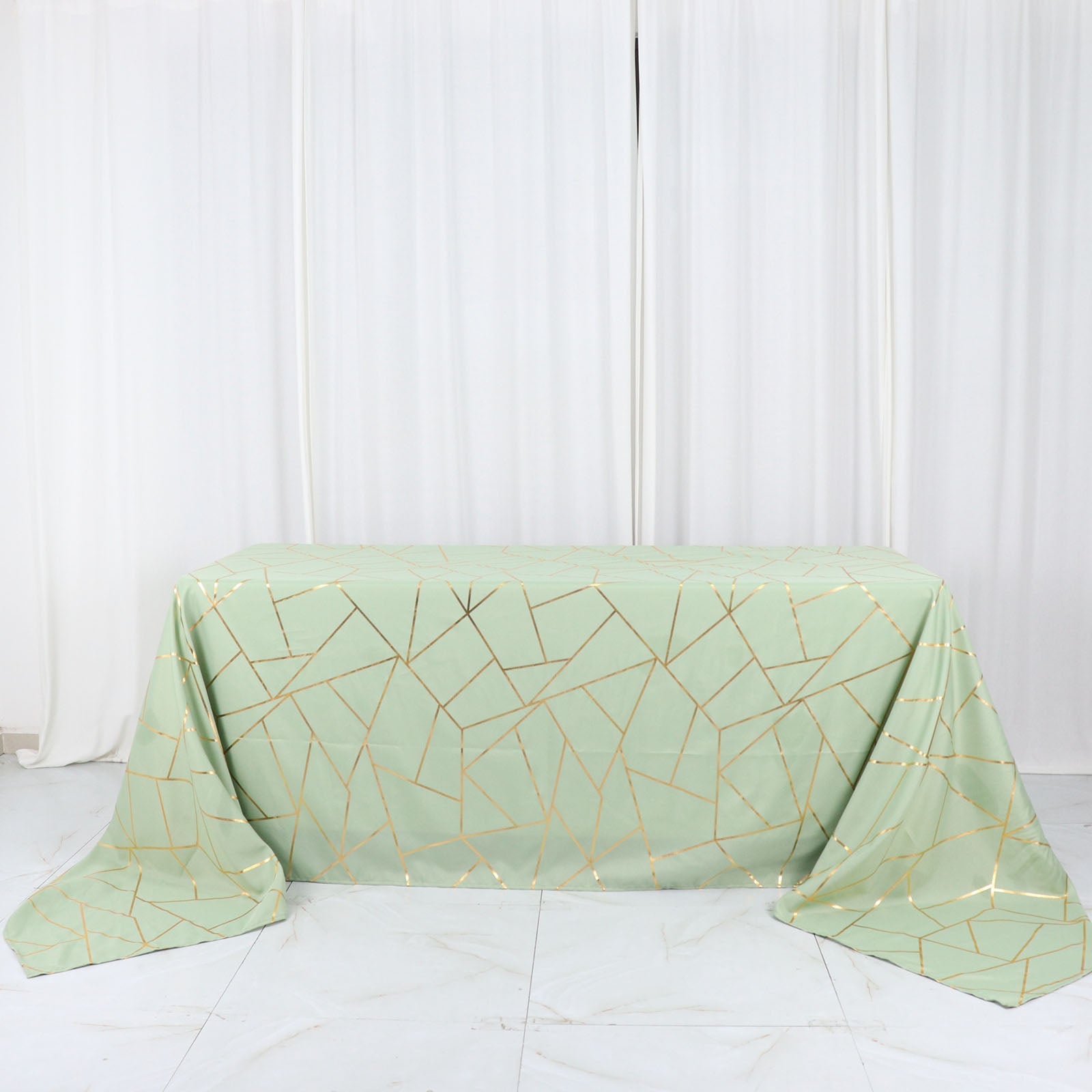 Rectangle Sage Green Polyester Tablecloth In Gold Foil Geometric Design 90 Inch X 156 Inch 